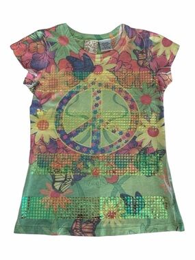 Wallflower Shirt Girl L (14) Green Pink Short Sleeve Floral Butterfly Bird Peace